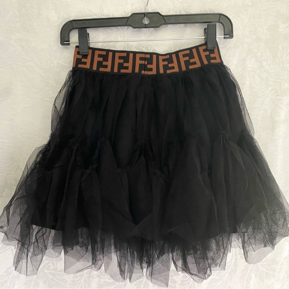 Fendi Black Tulle Skirt with Brown Logo Waistband